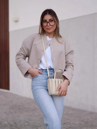 Women Autumn Short Jacket Stand Collar Single Breasted Solid Color Long Sleeve Slim Fit Casual Streetwear Polyester Coat Lightweight Basic Outerwear