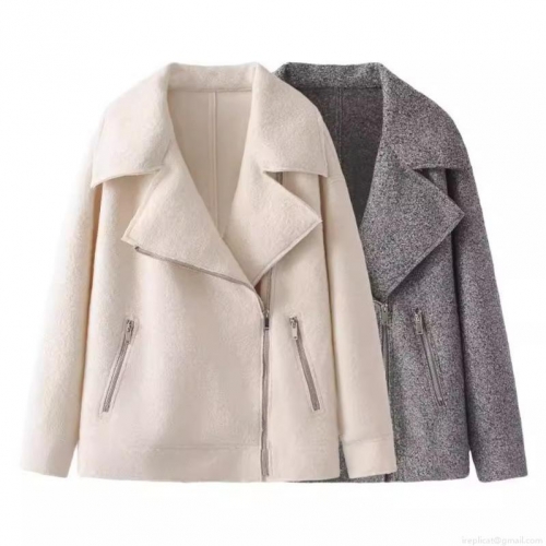 Women's Loose Casual Lapel Zipper Jacket Outerwear Solid Color Long Sleeve Woolen Texture Coat With Pockets For Autumn Winter
