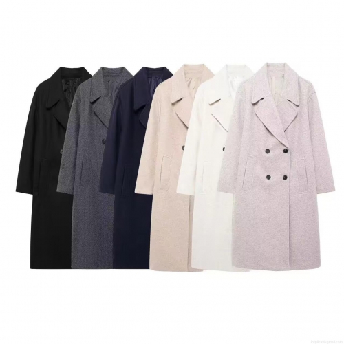 Women's Long Woolen Coat Elegant Double Breasted Notch Lapel Warm Loose Trench Jacket Stylish Streetwear Overcoat For Ladies Autumn Winter