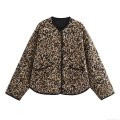 Women's Leopard Print Quilted Jacket Round Neck Button Down Lightweight Padded Coat With Pockets Casual Long Sleeve Outerwear Fashion Streetwear Street Style Coat