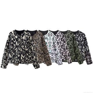 Women's Quilted Jacket Animal Leopard Print Single Breasted Round Neck Cotton Padded Coat American Style Loose Streetwear Outerwear For Autumn Winter