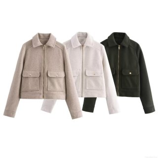 Women's Short Woolen Jacket Polyester Blend Outerwear Lapel Collar Coat With Metal Zipper And Large Flap Pockets For Autumn Streetwear Casual Fashion