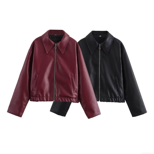 Women Fashion PU Leather Jacket 2024 Autumn New Loose Fit Zipper Up Lapel Moto Coat Solid Color Long Sleeve Short Outwear For Women Streetwear Casual Jackets