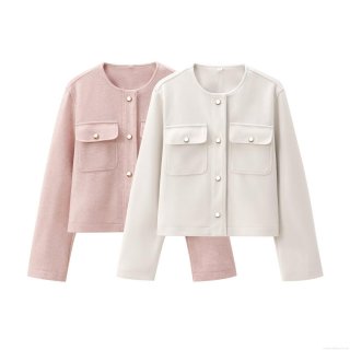 Women Soft Tweed Jacket Polyester Blend Gold Buttons Long Sleeve Round Neck Pocket Casual Party French Vintage Elegant Streetwear Outerwear