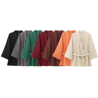 Women Kimono Cardigan Jacket V Neck Solid Color Belted Tie Waist Polyester Loose Fit Mid Length Long Sleeve Outwear For Casual Daily Streetwear