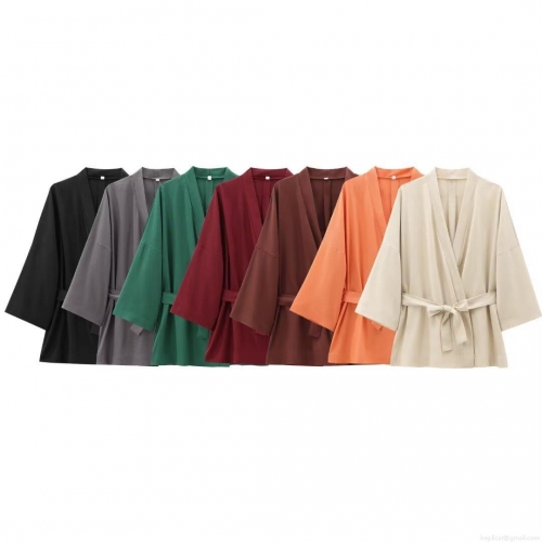 Women Kimono Cardigan Jacket V Neck Solid Color Belted Tie Waist Polyester Loose Fit Mid Length Long Sleeve Outwear For Casual Daily Streetwear