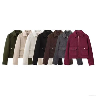 Women's Vintage Short Zip Woolen Jacket Solid Color Lapel Long Sleeve Coat With Flap Pockets For Casual Daily Autumn Outerwear