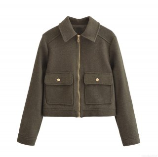 Women's Fashion Short Woolen Jacket Zipper Up Lapel Coat With Flap Pockets Long Sleeve Outwear Streetwear Solid Color Warm Casual Jacket For Women