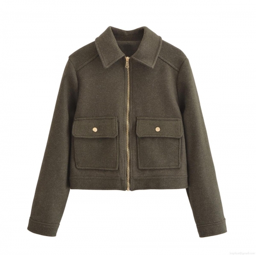 Women's Fashion Short Woolen Jacket Zipper Up Lapel Coat With Flap Pockets Long Sleeve Outwear Streetwear Solid Color Warm Casual Jacket For Women