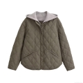 Women's Casual Hooded Quilted Jacket Polyester Diamond Pattern Zip Up Coat Streetwear Long Sleeve Outerwear For Autumn Winter Ladies