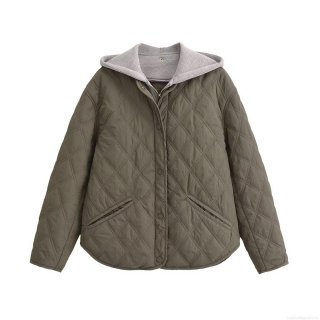 Women's Casual Hooded Quilted Jacket Polyester Diamond Pattern Zip Up Coat Streetwear Long Sleeve Outerwear For Autumn Winter Ladies