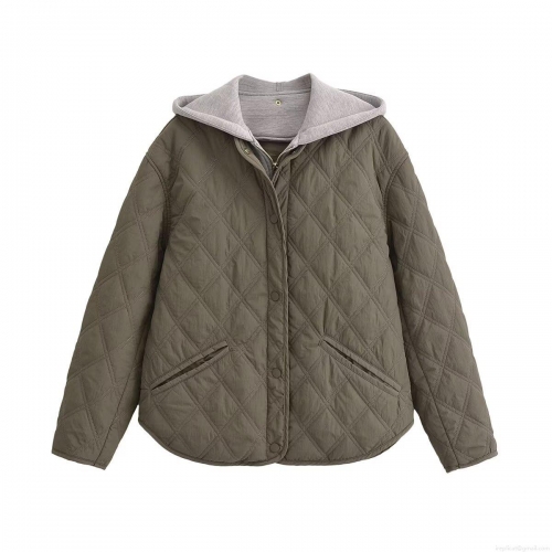 Women's Casual Hooded Quilted Jacket Polyester Diamond Pattern Zip Up Coat Streetwear Long Sleeve Outerwear For Autumn Winter Ladies