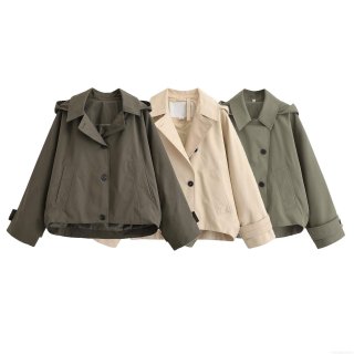 Women's Short Hooded Windbreaker Jacket 100% Polyester Solid Color Button Up Pocket Loose Casual Outerwear For Autumn