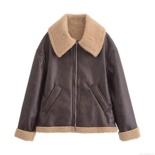 Women's Faux Leather Shearling Jacket 2024 Autumn Winter Oversized B3 Bomber Moto Coat Warm Thick Faux Fur Lined Outerwear Streetwear Jacket With Metal Buckles