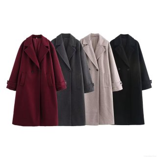 Women Long Woolen Coat Double Breasted Rever Collar Loose Fit Solid Color Polyester Overcoat Outerwear Autumn Winter Casual Streetwear Ladies