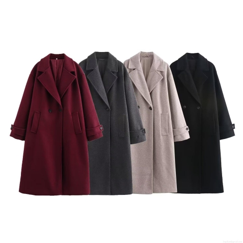 Women Long Woolen Coat Double Breasted Rever Collar Loose Fit Solid Color Polyester Overcoat Outerwear Autumn Winter Casual Streetwear Ladies