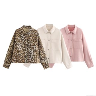 Women Fashion Faux Suede Shacket Jacket Leopard Print Solid Color Long Sleeve Button Down Shirt Outerwear With Dual Pockets Autumn Casual Coats For Women