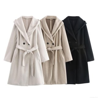 Women's Fashion Hooded Woolen Coat With Belt Long Double Breasted Polyester Jacket Casual Loose Trench Overcoat Outwear Autumn Winter
