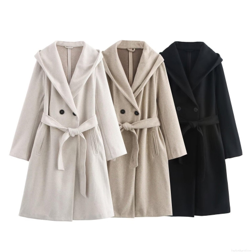 Women's Fashion Hooded Woolen Coat With Belt Long Double Breasted Polyester Jacket Casual Loose Trench Overcoat Outwear Autumn Winter