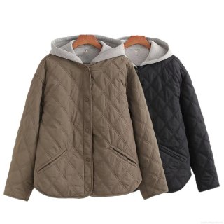 Women's Fashion Hooded Quilted Jacket Diamond Quilt Padded Coat Mid-length Long Sleeve Outerwear Casual Winter Warm Parkas