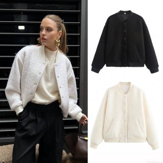 Women Casual Sherpa Fleece Bomber Jacket Solid Color Snap Button Baseball Outerwear Long Sleeve Ribbed Trim Round Neck Streetwear Coat For Autumn Winter