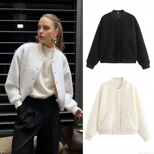 Women Casual Sherpa Fleece Bomber Jacket Solid Color Snap Button Baseball Outerwear Long Sleeve Ribbed Trim Round Neck Streetwear Coat For Autumn Winter