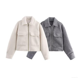 Women Fashion Short Jacket Outerwear Lapel Zipper Pearl Tweed Solid Color Long Sleeve Coat With Pockets For Autumn Winter Streetwear Casual Style