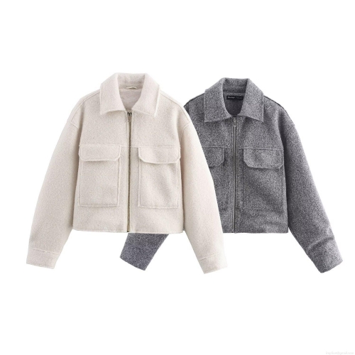 Women Fashion Short Jacket Outerwear Lapel Zipper Pearl Tweed Solid Color Long Sleeve Coat With Pockets For Autumn Winter Streetwear Casual Style