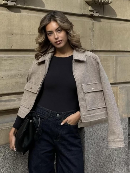Women's Short Woolen Style Jacket Zipper Up Lapel Coat With Double Pockets Casual Streetwear Fashion Outerwear For Autumn Winter Ladies