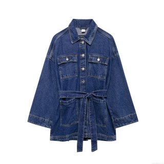 Women Fashion Mid-Long Denim Jacket With Waist Tie Belt Slimming Lapel Long Sleeve Casual Navy Blue Streetwear Jean Outwear With Four Pockets