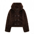 Women's Faux Fur Duffle Coat Fashion Toggle Buttons Hooded Jacket Warm Solid Color Streetwear Outerwear For Autumn Winter Ladies