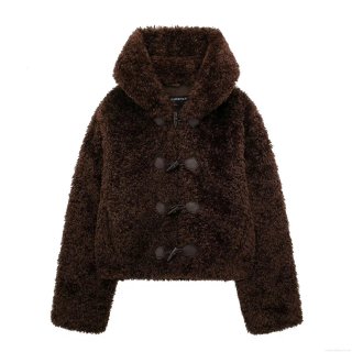 Women's Faux Fur Duffle Coat Fashion Toggle Buttons Hooded Jacket Warm Solid Color Streetwear Outerwear For Autumn Winter Ladies