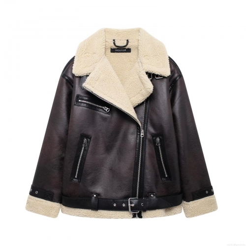 Women's Vintage Faux Fur Integrated Biker Jacket Mid-Length Faux Leather Shearling Lined Coat With Metal Zippers And Buckle Details For Autumn Winter Streetwear