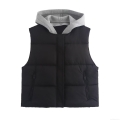 Women's Fashion Hooded Quilted Vest Sleeveless Patchwork Padded Gilet With Zipper Pockets Casual Streetwear Autumn Winter Outerwear Jacket