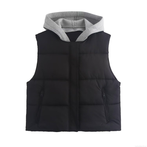 Women's Fashion Hooded Quilted Vest Sleeveless Patchwork Padded Gilet With Zipper Pockets Casual Streetwear Autumn Winter Outerwear Jacket
