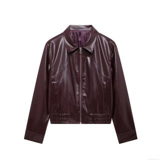 Women's Casual Wine Red PU Leather Jacket Retro Lapel Long Sleeve Zip Up Outerwear Solid Color Streetwear Fall Winter Fashion Coat