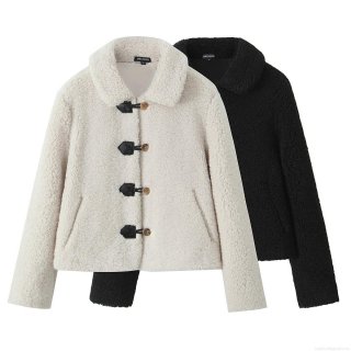 Women's Fashion Short Grain Velvet Jacket Faux Lamb Wool Coat With Leather Toggles And Horn Buttons Solid Color Lapel Casual Streetwear Outerwear