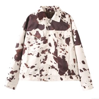 Women Cow Print Long Sleeve Jacket Polyester Lapel Button Down Coat With Pockets Western Streetwear Style Outerwear Fall Autumn Fashion