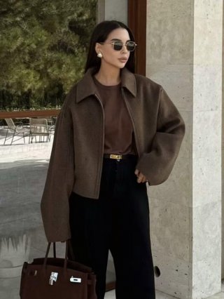 Women's Oversized Woolen Jacket Zip Up Lapel Long Sleeve Loose Coat Casual Warm Outerwear With Pockets For Fall Winter