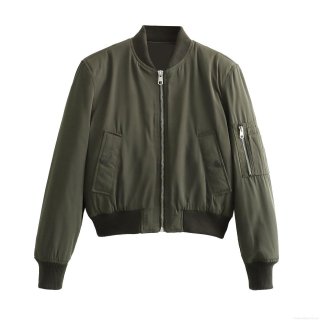 Women Fashion Short Bomber Jacket Army Green Windproof Long Sleeve Flight Coat With Zipper And Ribbed Trim For Autumn Daily Streetwear