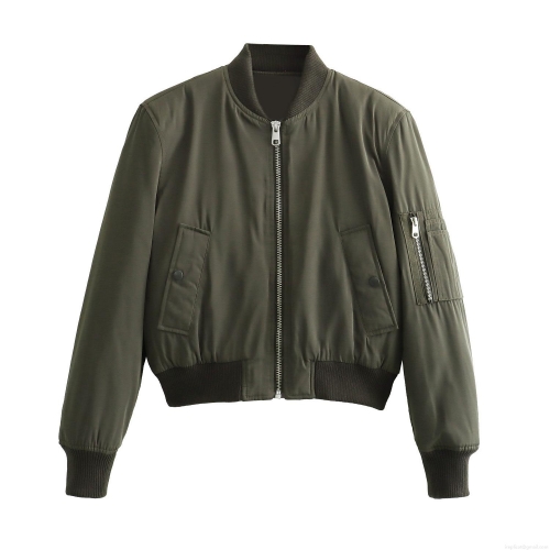 Women Fashion Short Bomber Jacket Army Green Windproof Long Sleeve Flight Coat With Zipper And Ribbed Trim For Autumn Daily Streetwear