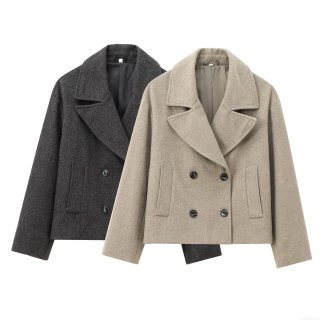 Women's Fashion Solid Color Double Breasted Woolen Blend Short Coat Autumn Winter Long Sleeve Lapel Jacket Outerwear for Ladies