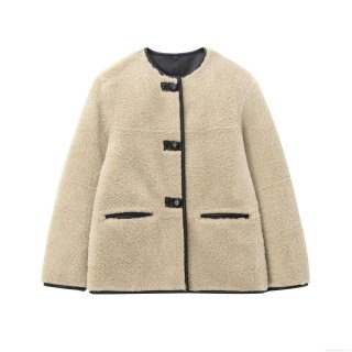 Women's Vintage Maillard Faux Lambswool Jacket With Leather Trim Round Neck Single Breasted Long Sleeve Autumn Winter Streetwear Casual Coat