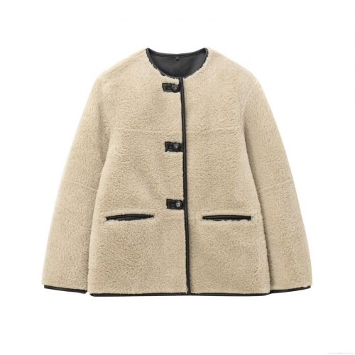 Women's Vintage Maillard Faux Lambswool Jacket With Leather Trim Round Neck Single Breasted Long Sleeve Autumn Winter Streetwear Casual Coat