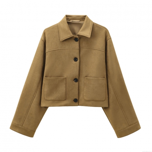 Women's Fashion Camel Faux Suede Jacket Loose Fit Single Breasted Lapel Short Outerwear Fall Winter Streetwear Lady Casual Coat With Pockets