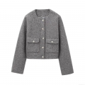 Women's Elegant Short Tweed Jacket Long Sleeve Round Neck Solid Grey Metal Button Up Crop Coat For Streetwear Office Spring Fall Lady Outerwear