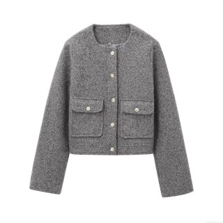Women's Elegant Short Tweed Jacket Long Sleeve Round Neck Solid Grey Metal Button Up Crop Coat For Streetwear Office Spring Fall Lady Outerwear