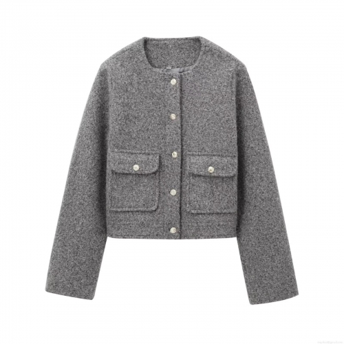 Women's Elegant Short Tweed Jacket Long Sleeve Round Neck Solid Grey Metal Button Up Crop Coat For Streetwear Office Spring Fall Lady Outerwear