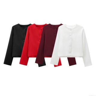 Women's Round Neck Long Sleeve Button Up Short Jacket Fashion Lightweight Solid Color Streetwear Casual Outwear Coat for Women Ladies