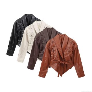 Women's Fashion PU Leather Biker Jacket Autumn Solid Color Lace-up Waist Outwear With Shoulder Tie Detail Streetwear Moto Faux Leather Coat For Ladies